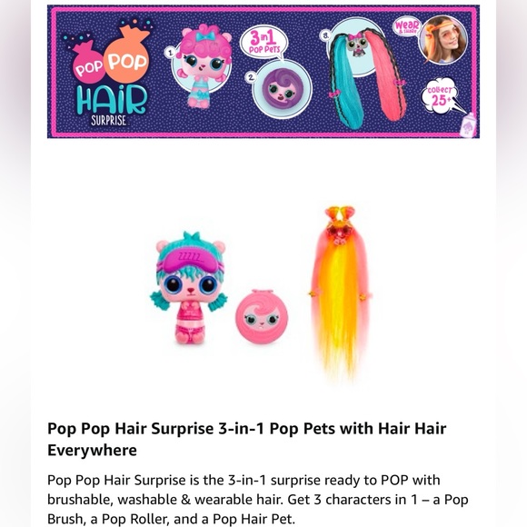 Pop Pop Hair Surprise 3-in-1 Pop Pets with Long Brushable Hair (Series 1) Rock - Picture 6 of 14